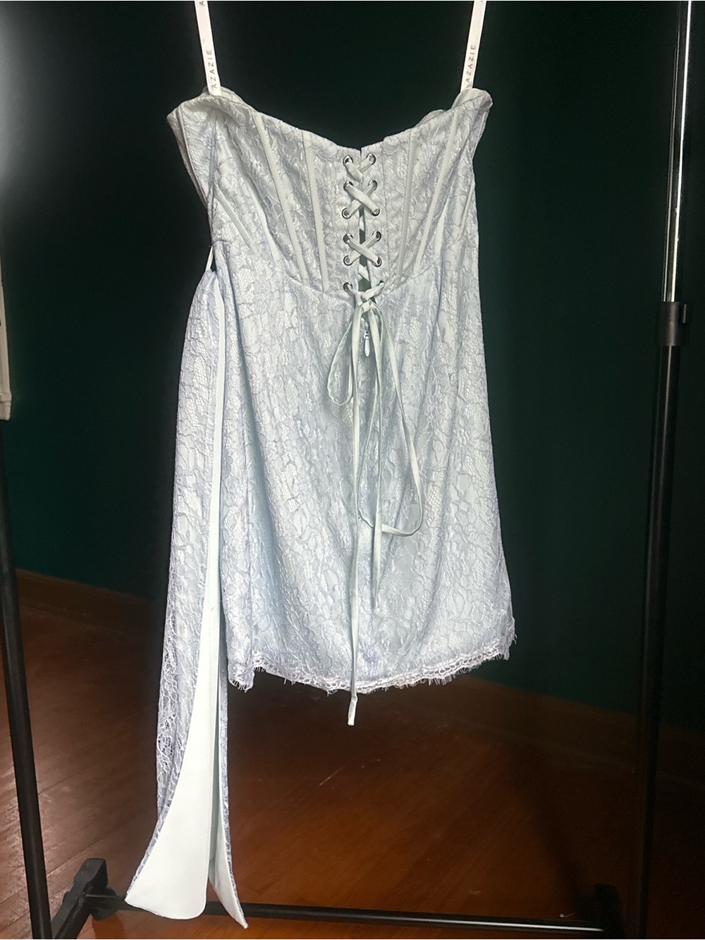 Azazie Pale Blue Lace Draped Mini Dress - Picture 3 of 5